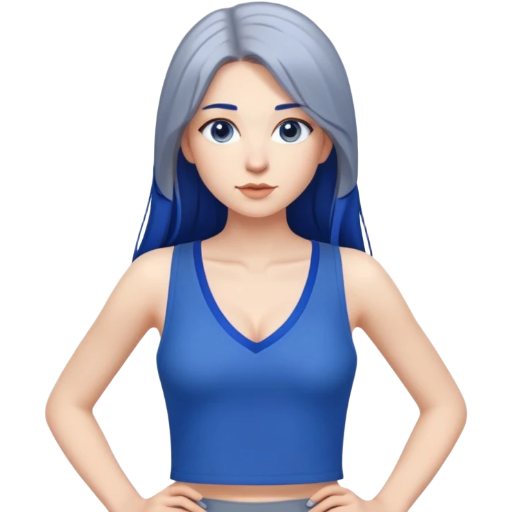 hyperrealistic caucasian, larger on top, cobalt  blue long straight hair, white deep v-neck crop tanktop, gray tight mini skirt emoji