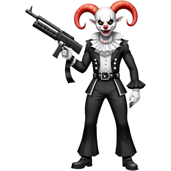 full-body muscular demonic clown in a black and white leisure suit with bellbottom pants, bald, with black ram horns, flashy black and white belt, ruffled white shirt, no neck tie, large fangs, holding a very large futuristic rifle emoji