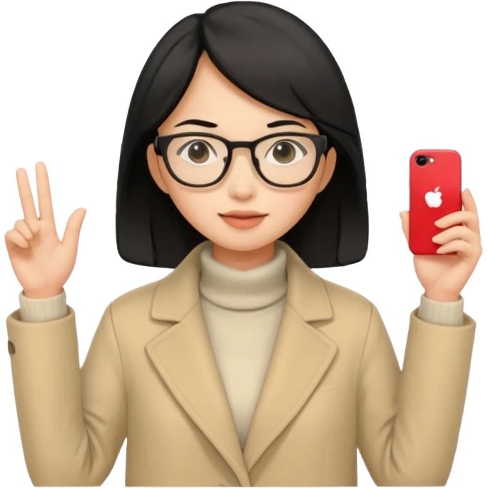 asian young woman black-haired in beige coat with glasses emoji