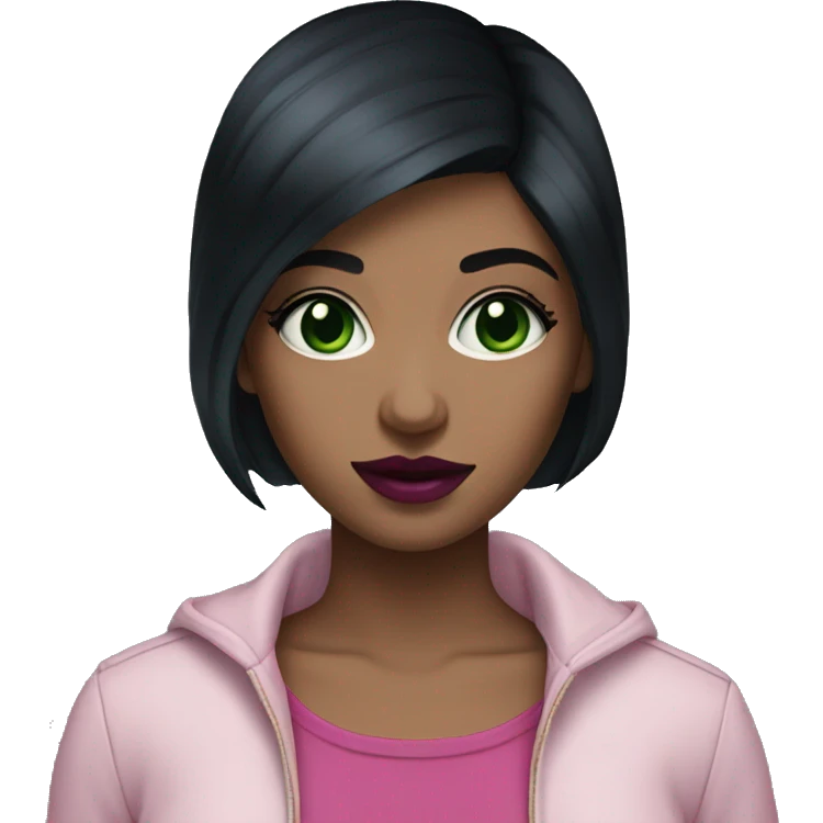 Girl with short black hair and dark green eyes with dark pink lipstick emoji