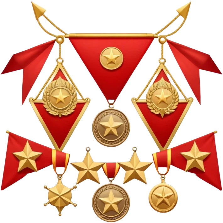 Icon for Collecting Orders, Medals & Badges: a variety of vintage orders, medals and badges, displayed neatly on a big red pennant or in a display case. The icon should reflect the honor and historical significance of these collectible items. Transparent background. emoji