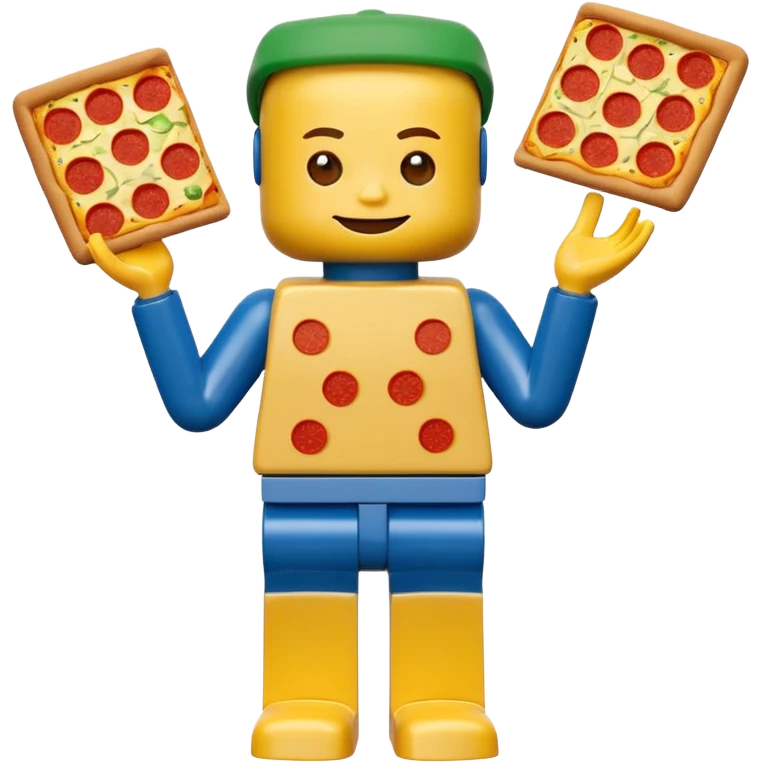 Minifigure: yellow square head  blue square troso rectangular yellow arms and green legs with a pizza on the head emoji