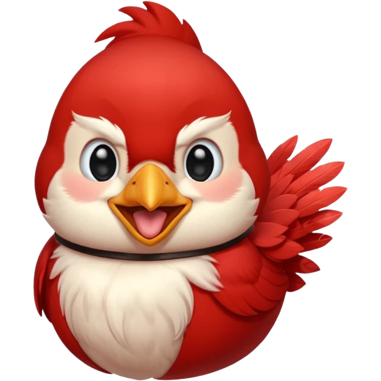 Chibi red male cardinal laughing with eyes closed and beak wide open, soft glowing cheeks, cozy cartoon emoji. emoji
