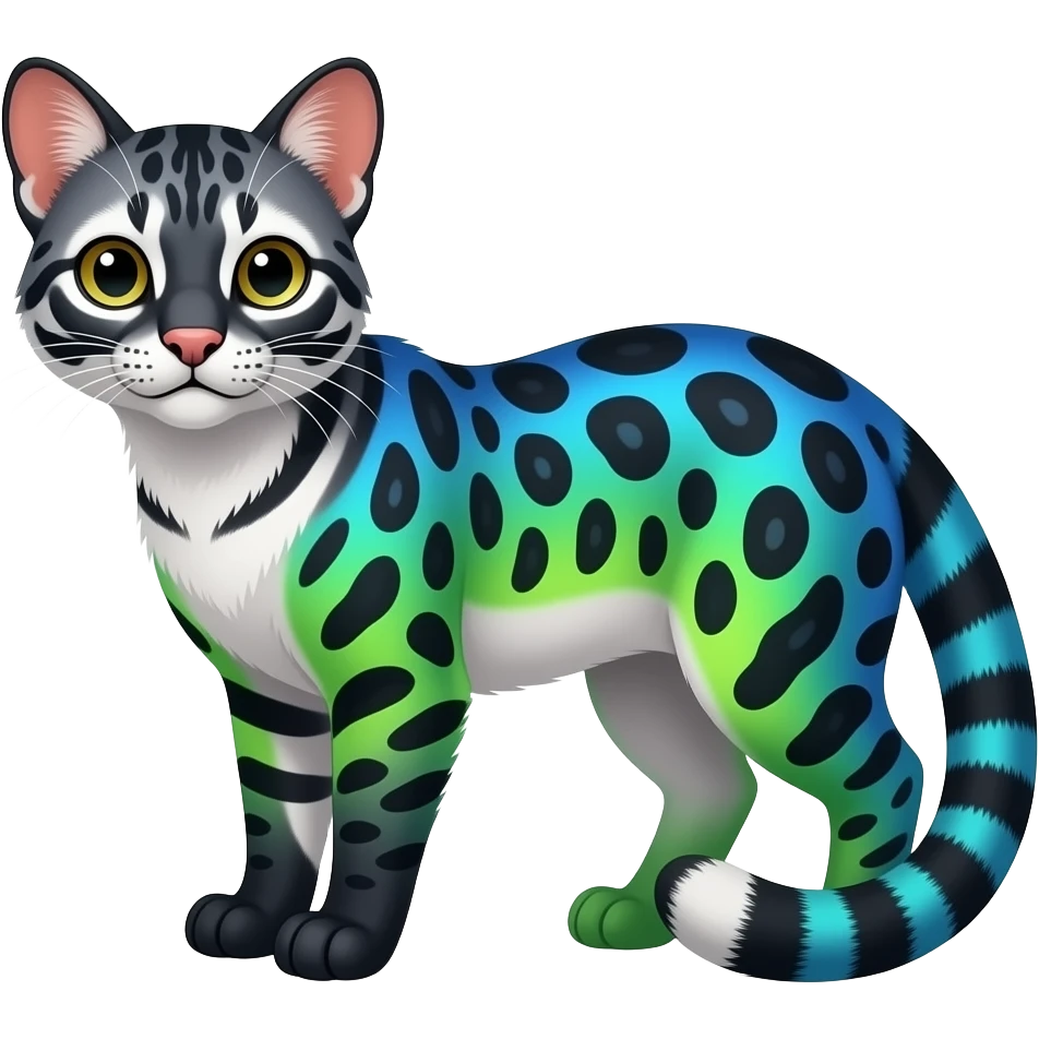 Colorful realistic silky smooth glossy tropical thin exotic beautiful lanky gradient-colored cobalt-blue-obsidian-black-neon-green-gradients, with white underside, iridescent glorious fantasy-civet-genet-Fionbri-Cacomistle-Furret-civet-oncilla-animal-hybrid-fursona with pattern markings (full body) emoji