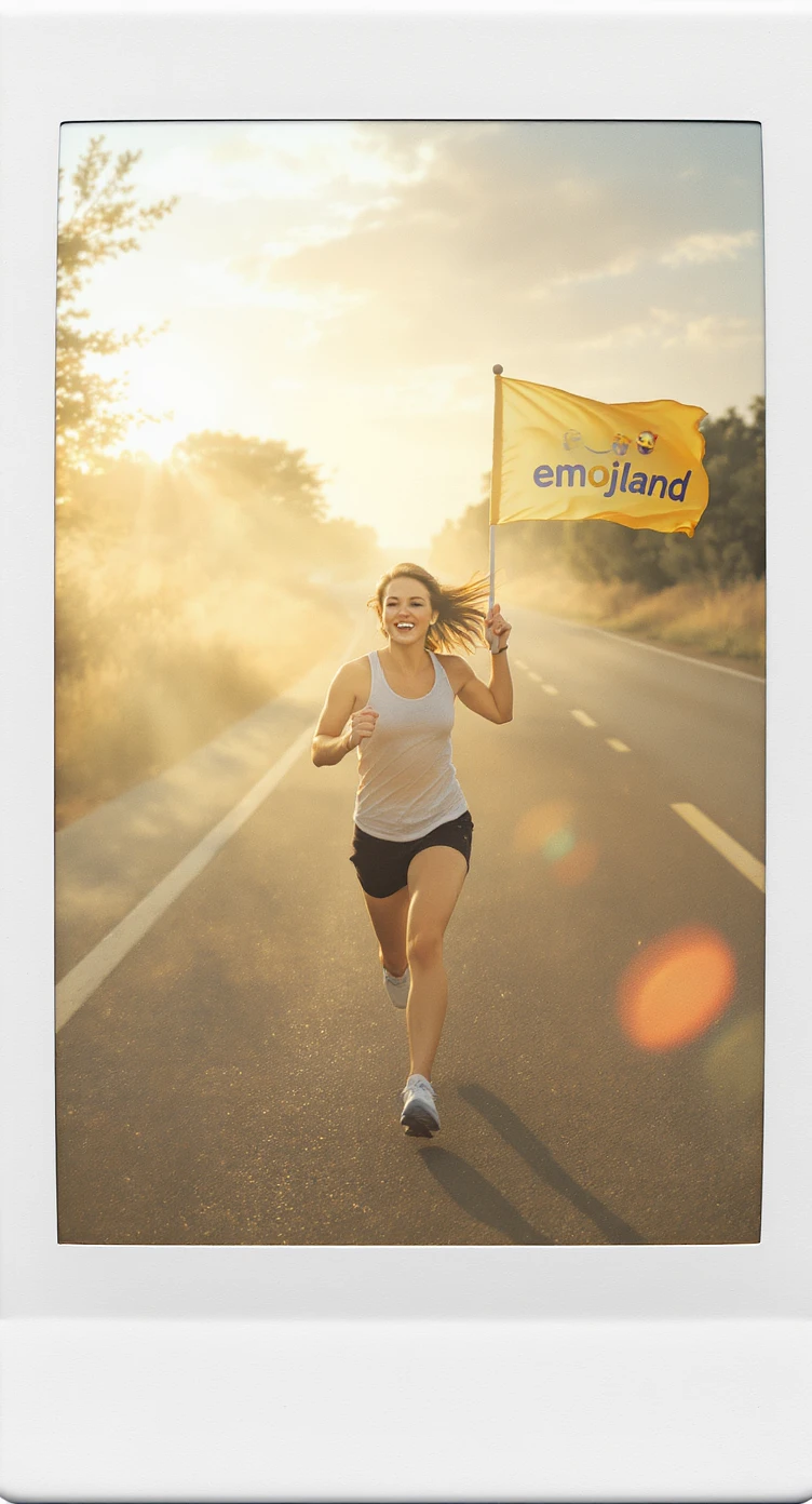happy runner waving a flag that says 'emojiland' emoji