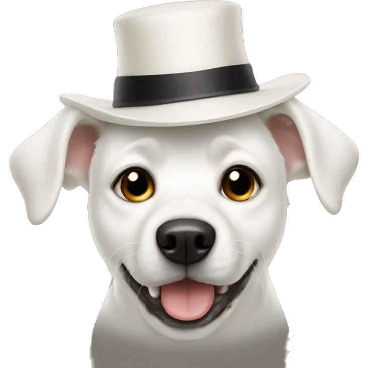 white dog whering a funny hat emoji