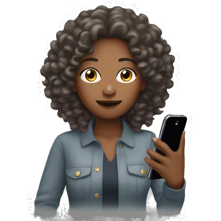 A woman with down curly hair ￼ holding her phone emoji