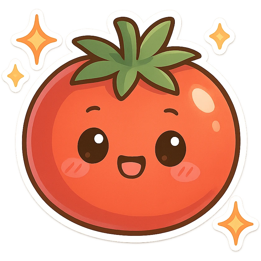 chibi sticker-style tomato with sparkles, cute and exaggerated emoji