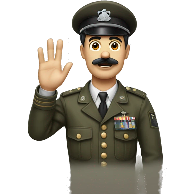 A guy with a side part hair and a mustache that looks like charlie chaplin’s mustache raising their hand and wearing army clothes emoji