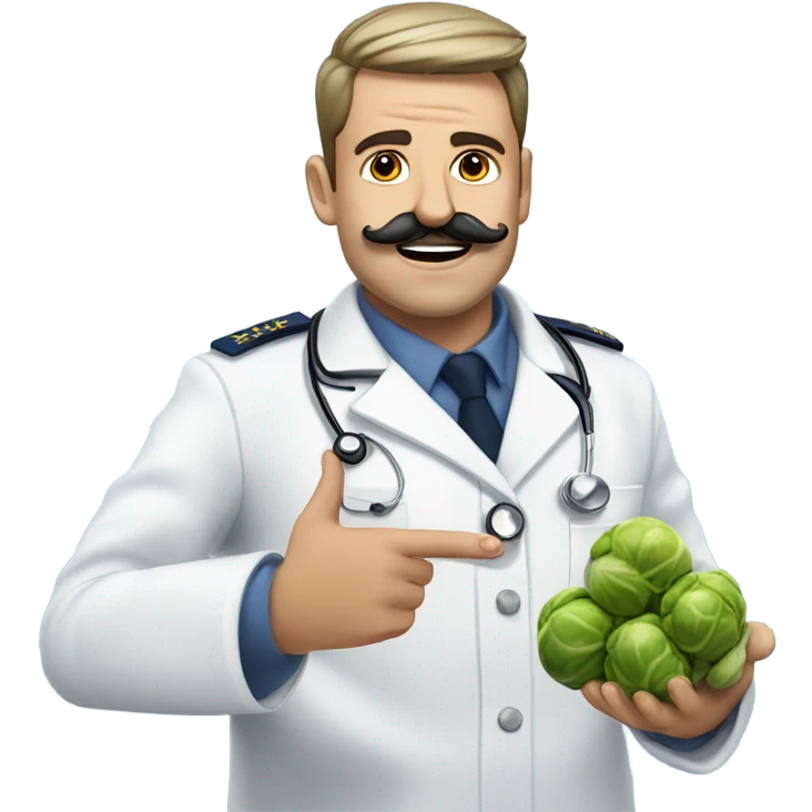 Navy doctor with moustache being goofy with Brussels sprouts  emoji