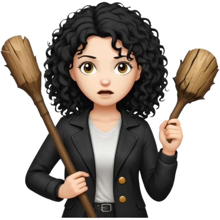 Hey, please generate me an emoji that depicts a woman white skin long black curly disheveled hair slightly thicker, she is wearing a white T-shirt and a black unbuttoned jacket she is furious she is holding a large wooden stick from a tree in her hands emoji