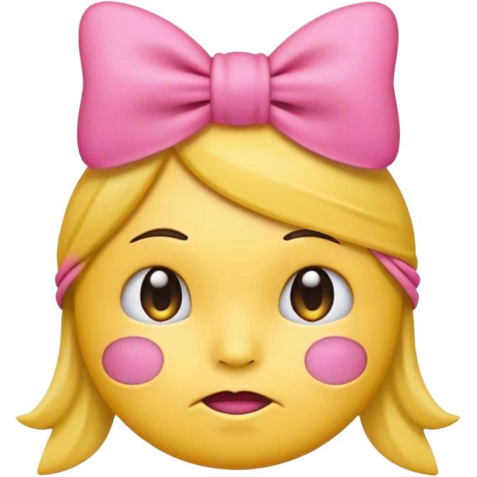 Pouting yellow face emoji with pink bow on head emoji