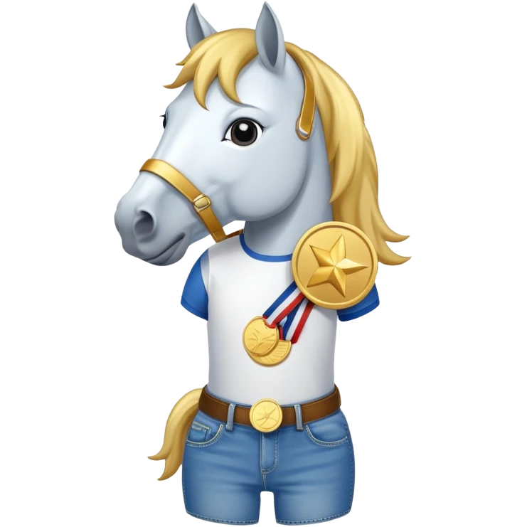 friendly anthropomorphised horse in jeans and a t-shirt, wearing a gold medal emoji