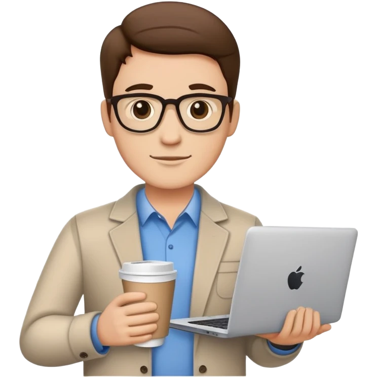 business owner confidently, holding a closed laptop in one hand and a takeaway coffee cup in the other. The character wears casual-smart clothes. emoji
