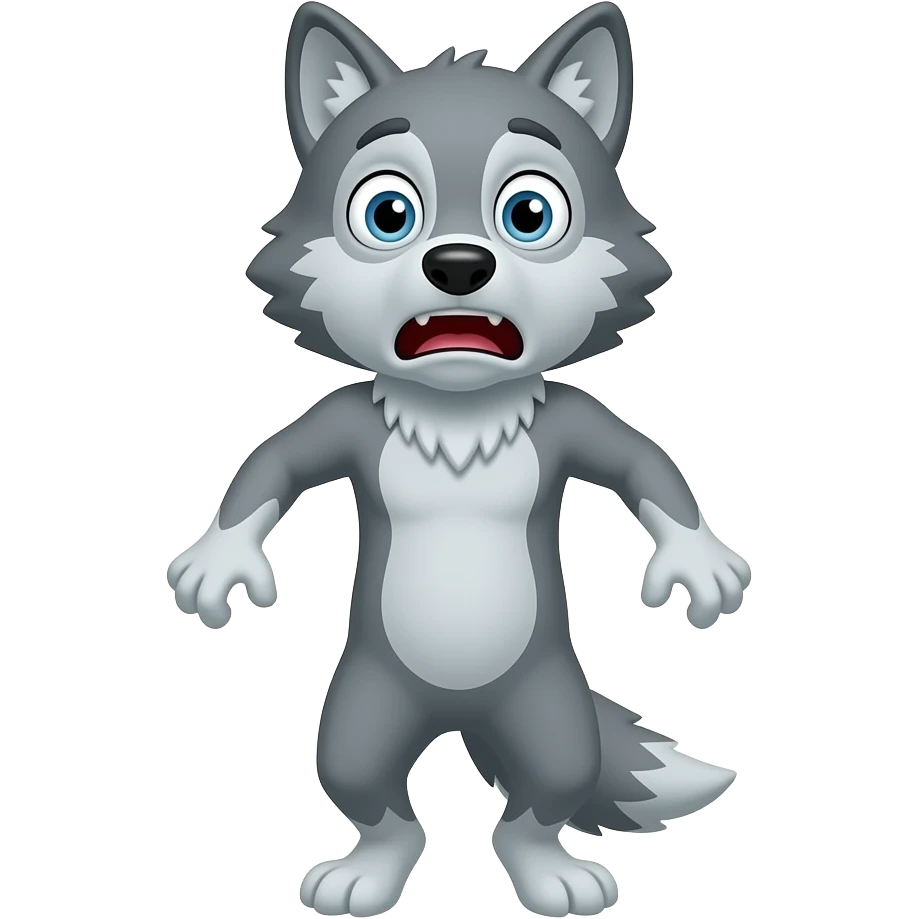 A small gray wolf standing upright, with human-like arms and legs, looking at us with a extremely terrified expression. The wolf’s body is entirely gray. emoji