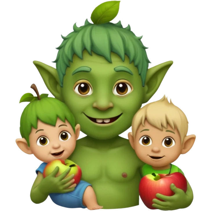 cheeky troll holding a curious toddler, both with expressive faces, apple emoji style emoji