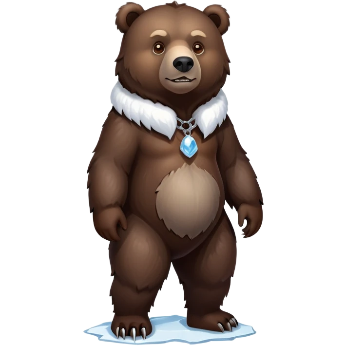 Dark chocolate brown grizzly bear shown from head to tail, standing on four legs, realistic appearance, serious face, ice chain collar, complete body emoji