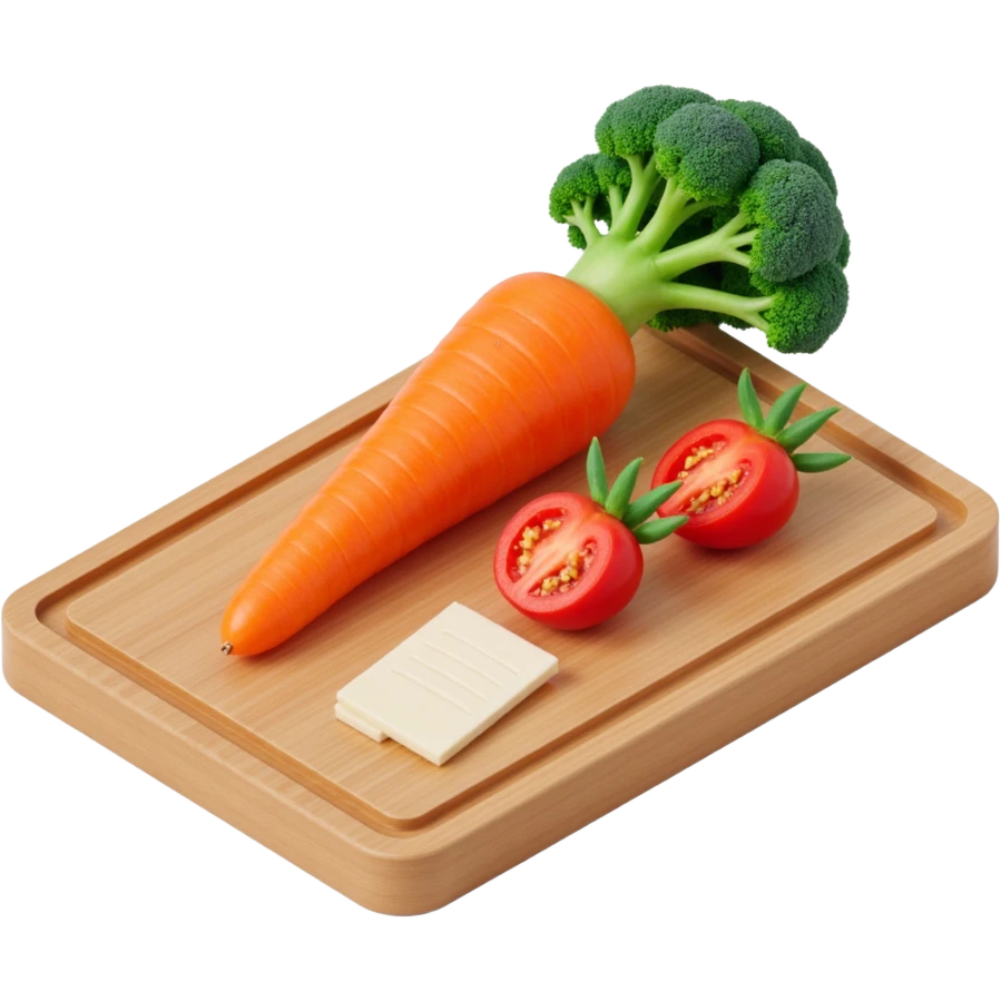 carrot tomato brocoli on the wooden cutting board with floating list  emoji