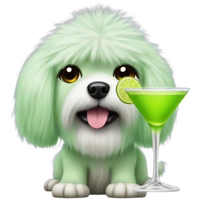lime green fluffy dog with pointy ears with a martini emoji