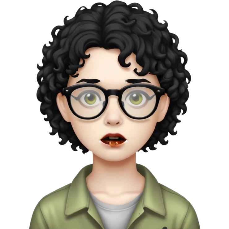 teen zombie with black curly hair with black glasses emoji