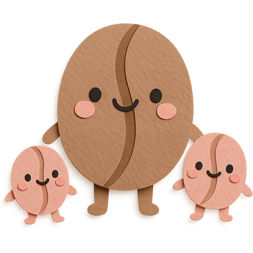 kawaii coffee bean character family, big bean and two small beans, soft pastel colors, full body emoji