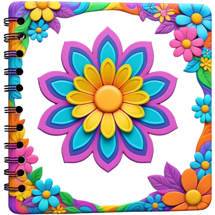 3D, psychedelic colored note pad with hippie style flower border emoji