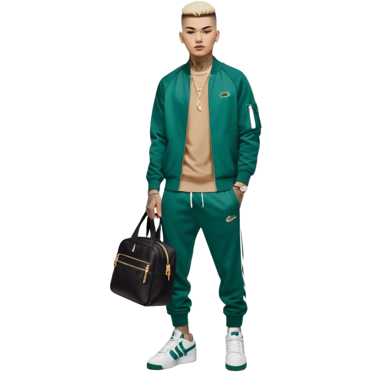 Capelli rasati ai lati con sfumatura, sopra corti e fissati con gel. Look curato e deciso. Indossa tuta firmata (Nike, Adidas, Lacoste, EA7) o jeans skinny, scarpe vistose come Air Force 1. Sempre presenti borsello a tracolla e collana d’oro E tatuaggi d’appertutto emoji