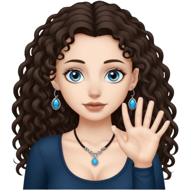 white girl, dark brown long slightly curly hair , skinni but with big breast , septum piercing on nose, beautiful dark gray-blue eyes, showing her toes , emoji