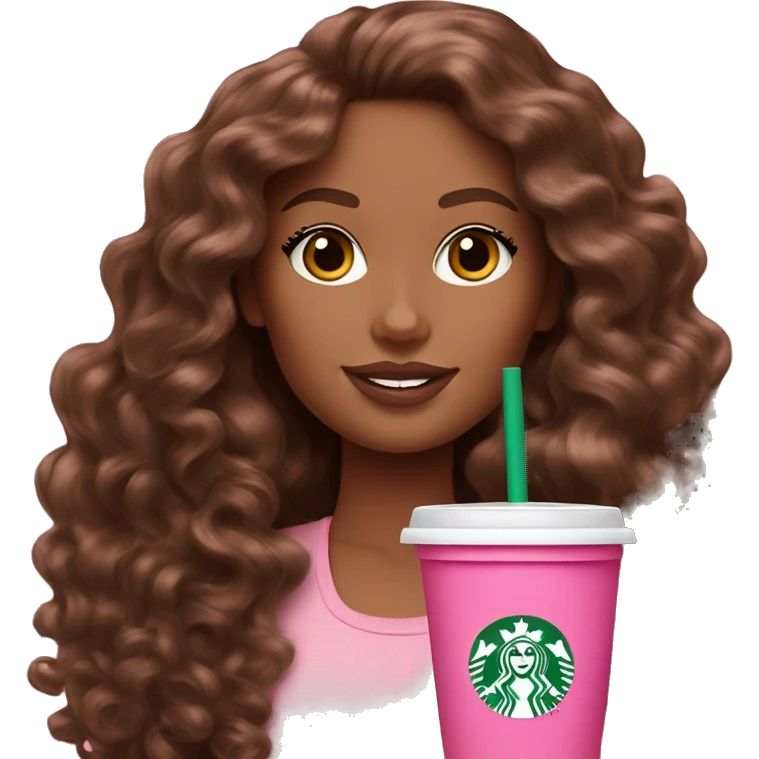 Barbie girl with brown long curly hair holding Pink starbucks refresher emoji