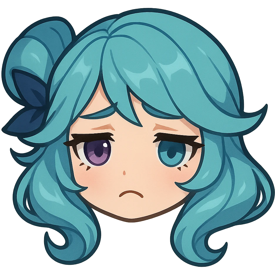 Gwen from League of Legends, chibi style, only head, borderless, right eye purple, both eyes same size, sad emote 5 emoji