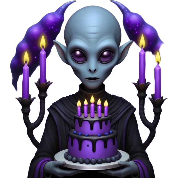 A tall mysterious alien holding a gothic black birthday cake with glowing purple candles, dark foggy alien planet, bioluminescent plants, dramatic shadows, dark fantasy sci-fi art, hyper detailed, moody lighting

 emoji