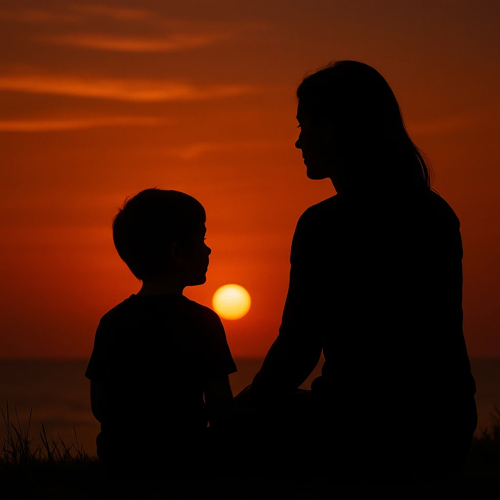 Silhouette of a mother and son watching the sunset together, serene and artistic emoji