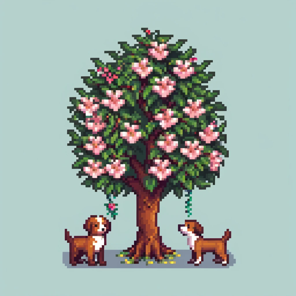 blooming tree with dogs playing around it emoji