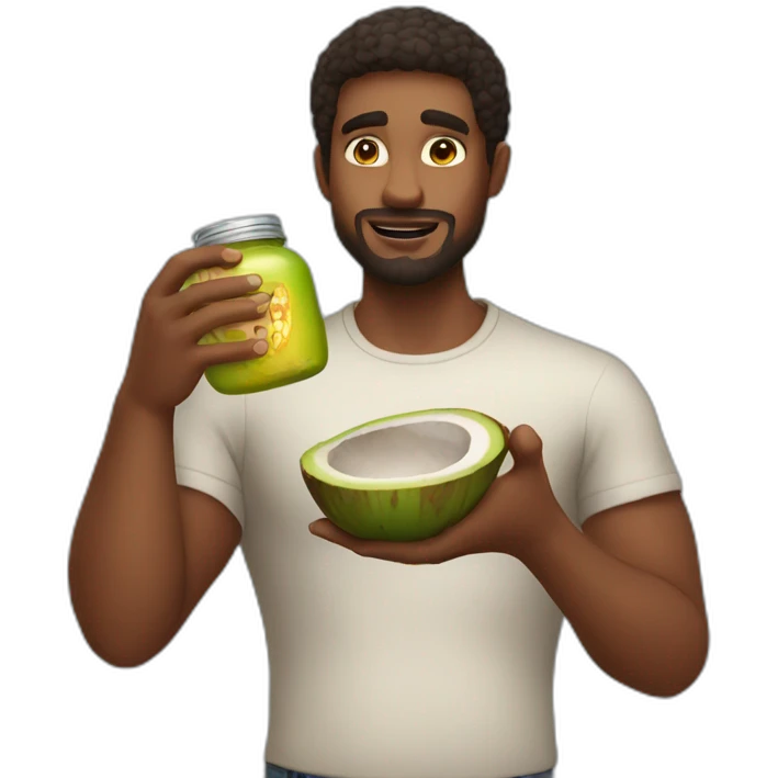 A man saying no while holding a jar of coconut fat emoji