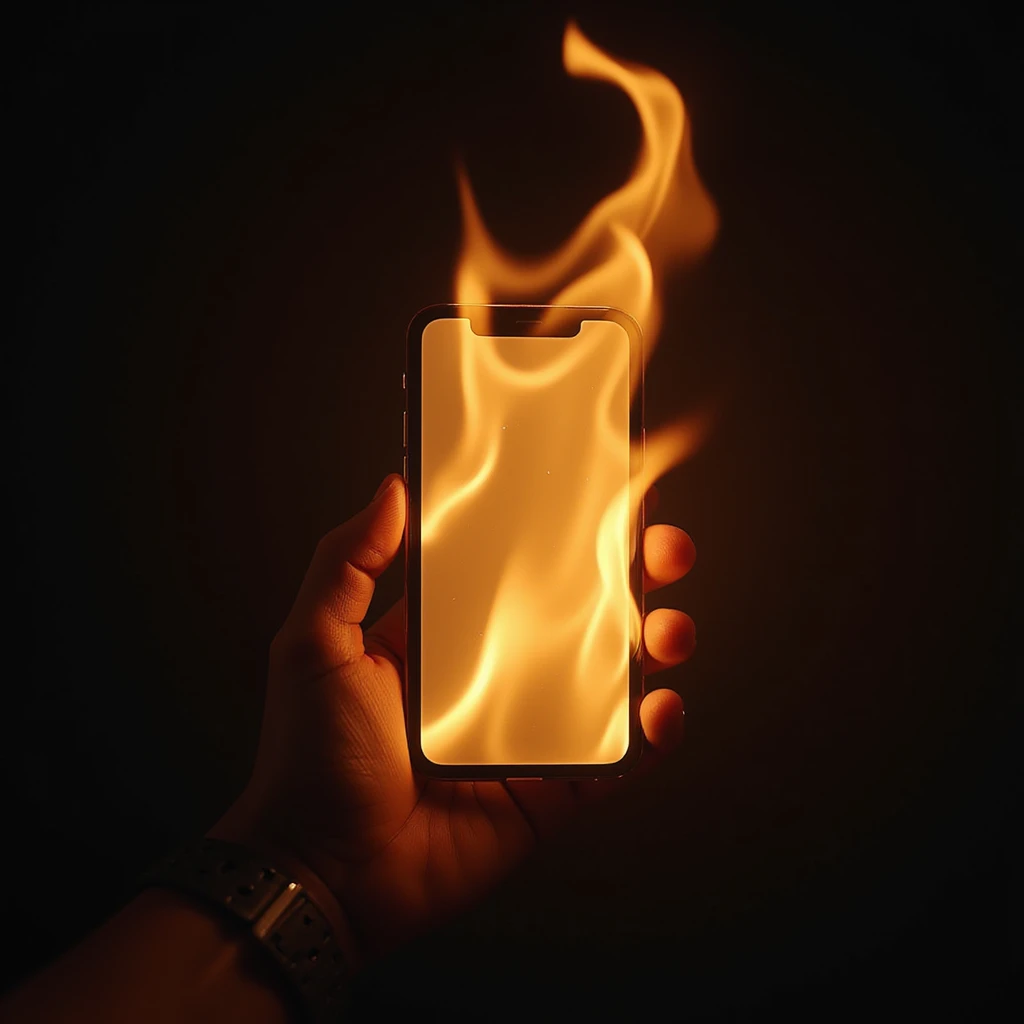 mobile phone on fire, photorealistic, dramatic lighting, modern phone emoji