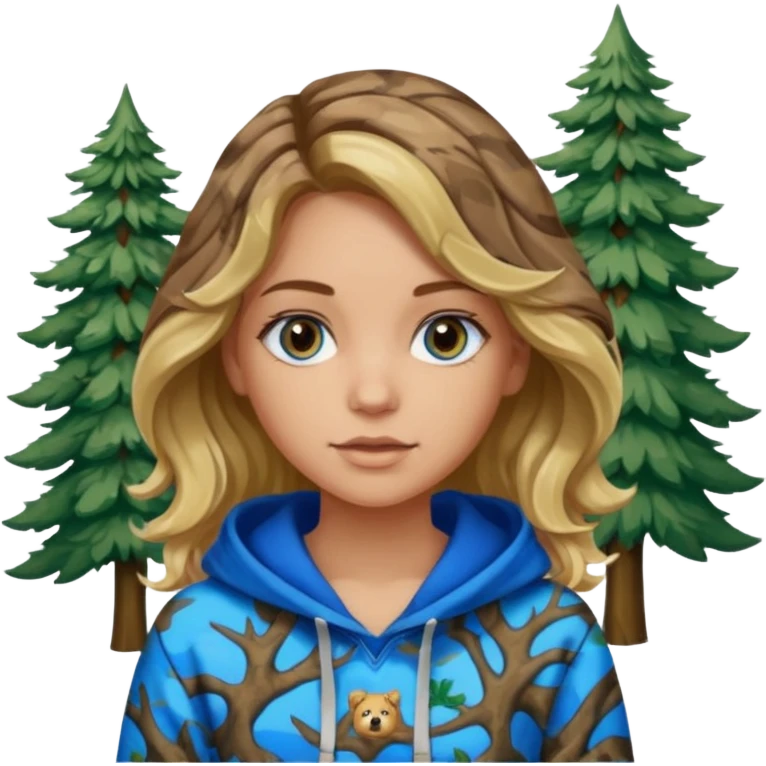 Girl with wavy brown hair blonde highlights with blue eyes, medium skin tone , real tree camo hoodie emoji