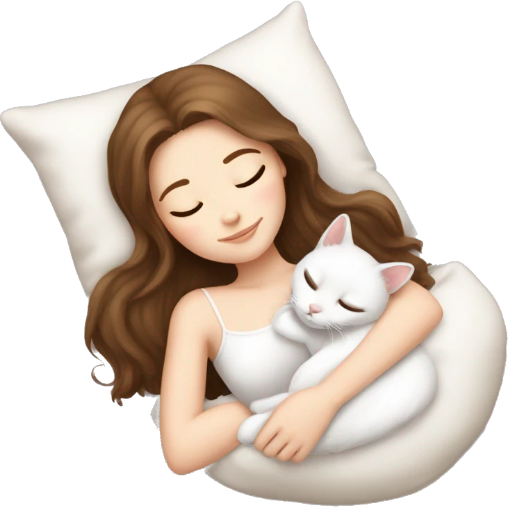 White girl brown hair sleeping with white kitty emoji