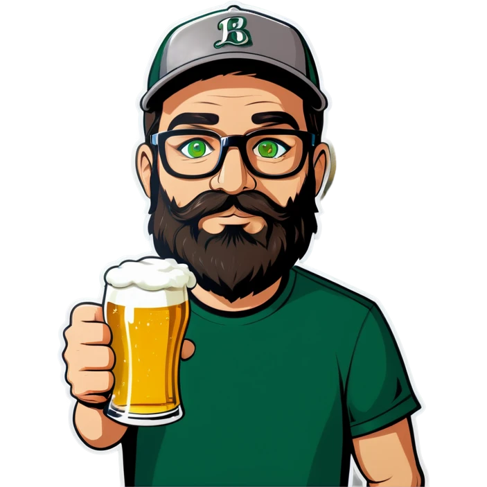 A man with a grey baseball cap, green eyes, big dark brown beard and glasses, drinking beer emoji