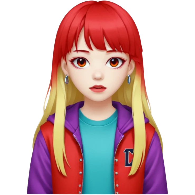  portrait-of-a-red devil-k-pop-idol,-wearing-a-stylish-streetwear-outfit-with-layered-colorful-clothing,-long-hair-with-bangs,-makeup,- emoji