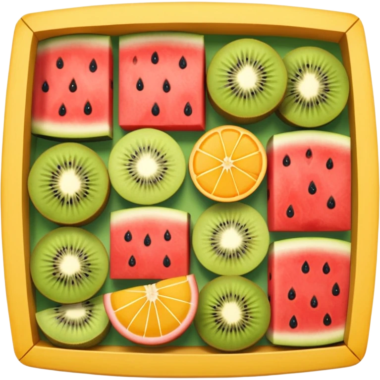 top-down view of a square fruit box with neatly arranged watermelon, strawberry, mango, kiwi, orange, cantaloupe, and pineapple emoji