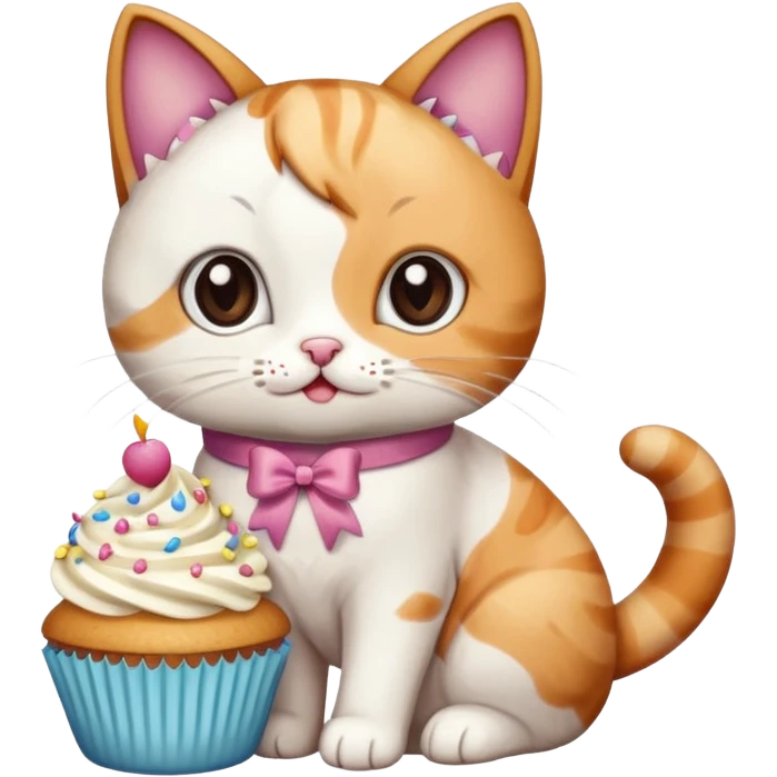 a cute cat with a ribbon eating a cupcake  emoji