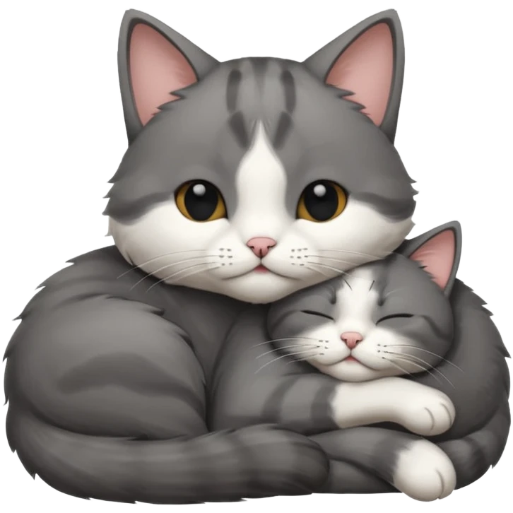 dark grey and white small cat with his eyes closed, leaning his head on his paw while leaning on his elbow lying down emoji