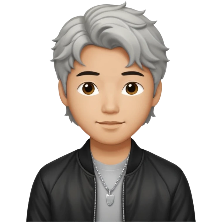 Handsome and cute Asian guy wavy hair, wearing silver necklace, dressed cool in black bomber jacket, demure but with a smirk  emoji