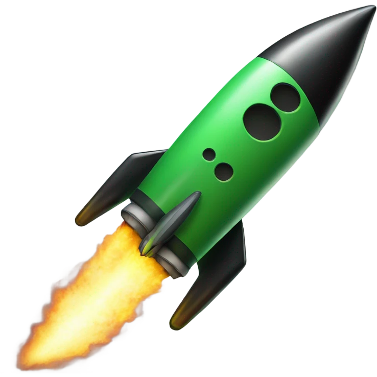 green and black rocket ship with green fire emoji