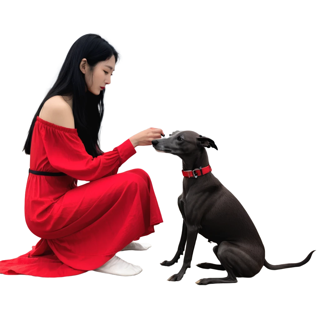 A beautiful 25-year-old Japanese woman with long flowing black hair wearing a stylish red beach dress, gently petting a PURE SOLID DARK GREY whippet with a bright RED COLLAR on a beach at night under a starry sky. The whippet MUST be 100% SOLID DARK GREY with ABSOLUTELY NO WHITE MARKINGS ANYWHERE - specifically NO WHITE on face, NO WHITE on chest, NO WHITE on paws - ENTIRELY ONE CONSISTENT SOLID DARK GREY COLOR throughout. Deep blue night sky filled with bright stars, moonlight reflecting on the ocean, sandy beach in the foreground. emoji