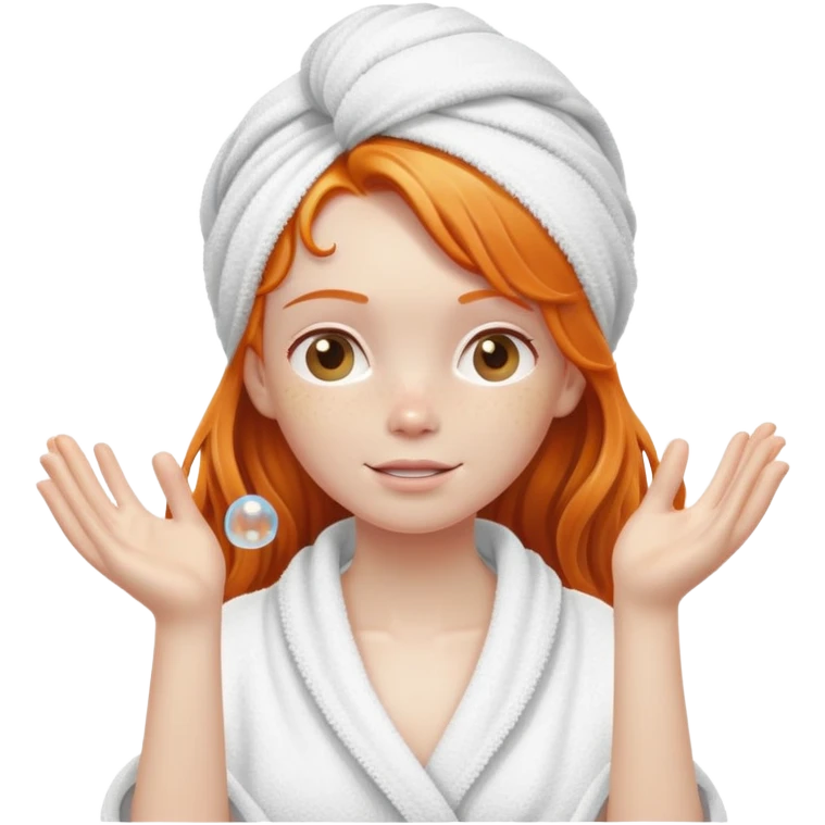 Ginger girl wrapped in towel shower washing long wet hair up in hands soapy bubbles emoji