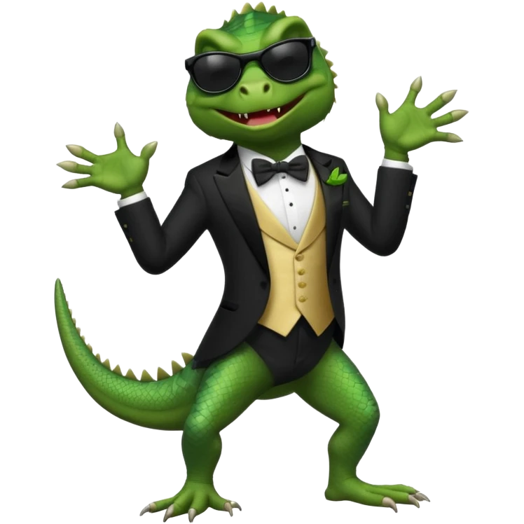 capitalist iguana banker in tuxedo and black sunglasses dancing crazy emoji