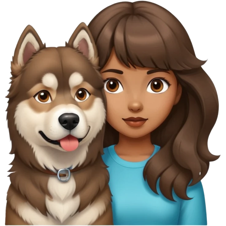 A girl with brown blunt bangs and big wavy hair, and a brown Alaskan Malamute dog. emoji