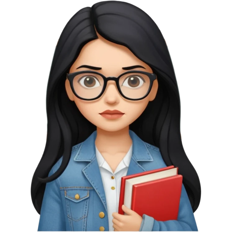 generate a pretty bratz emoji 
Make her wear a white dress with a denim jacket over it.long  black hair in a side part. Holding books

She should look exactly  like Deepika padukone! wearing tiny rectangular spectacle, looking sad emoji