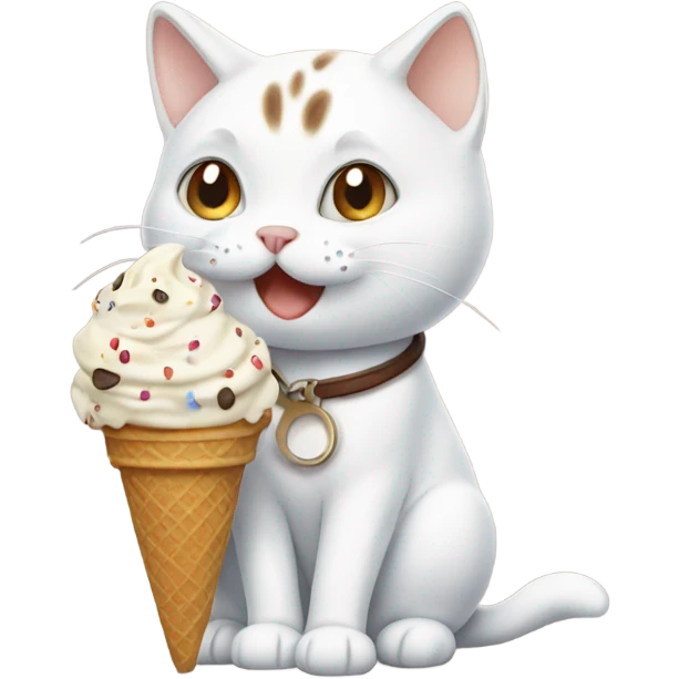 White cat with brown and brown spots eating ice cream emoji
